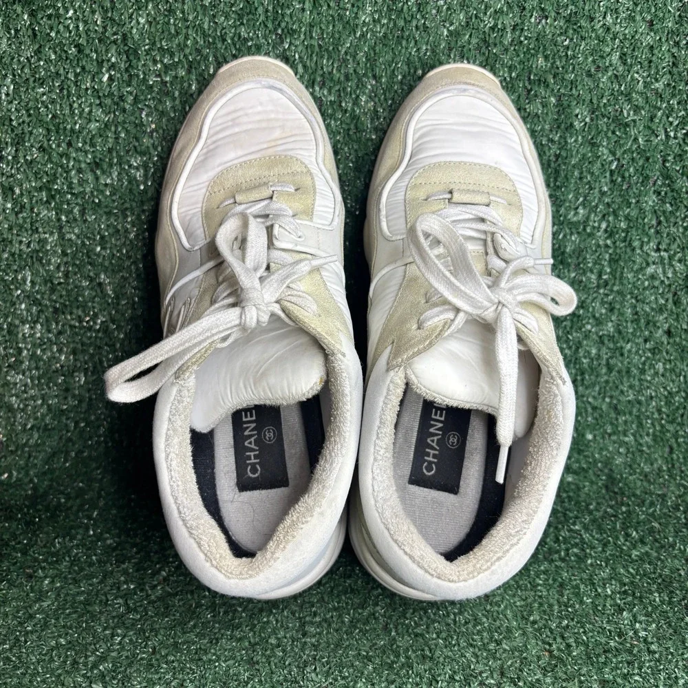 Chanel CC Logo Low Top Suede Nylon Chunky Dad Lifestyle Sneakers White Women 9.5